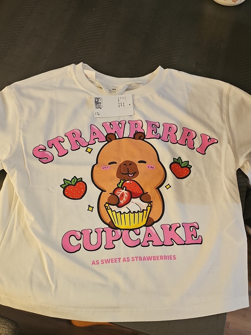 H&M White Tee with Pink Strawberry Cupcake Graphic